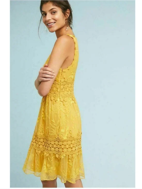Anthropologie Ranna Gill Veronica Yellow Crochet Lace Floral Dress Size S - Picture 12 of 14